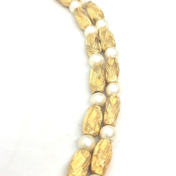 VINTAGE MID CENTURY MODERN MCM NECKLACE BRUSHED GOLD TONE PEARL DOUBLE STRAND - Picture 14 of 16